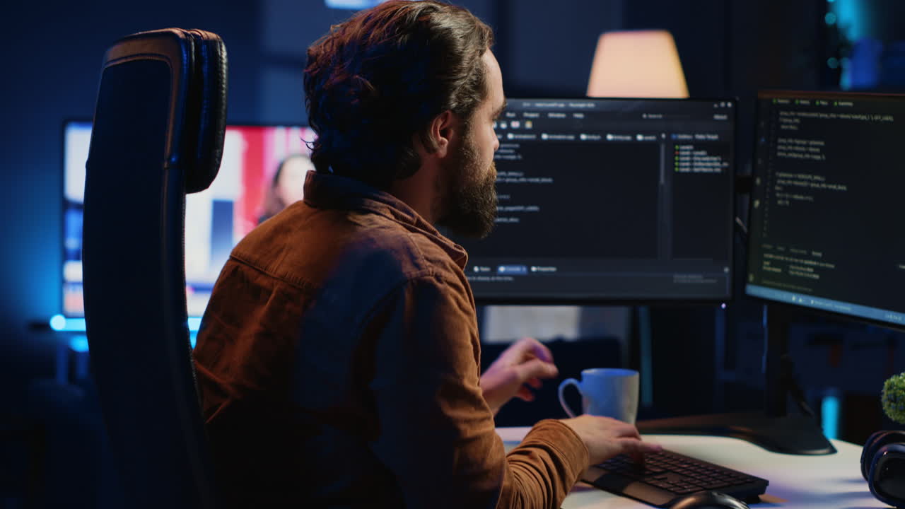 IT specialist brainstorming ways of solving database errors, working hard