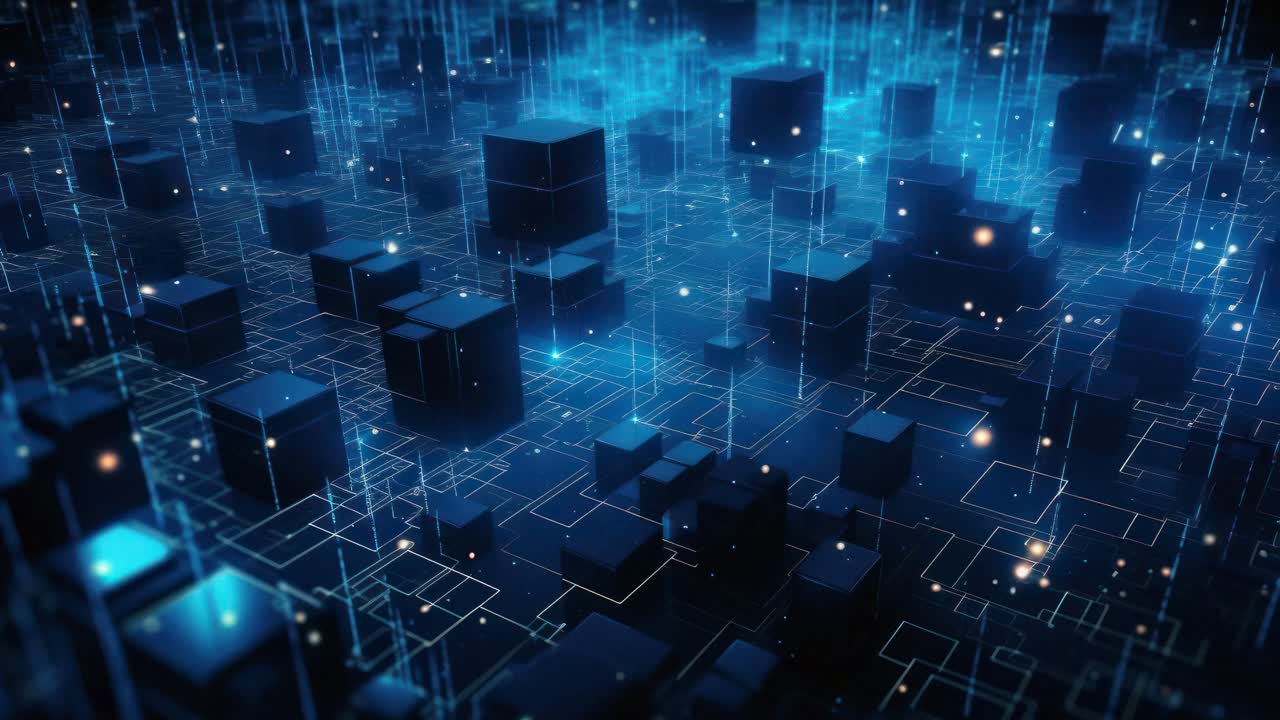 Futuristic video concept with a high-angle view of glowing blue cubes on a digital grid