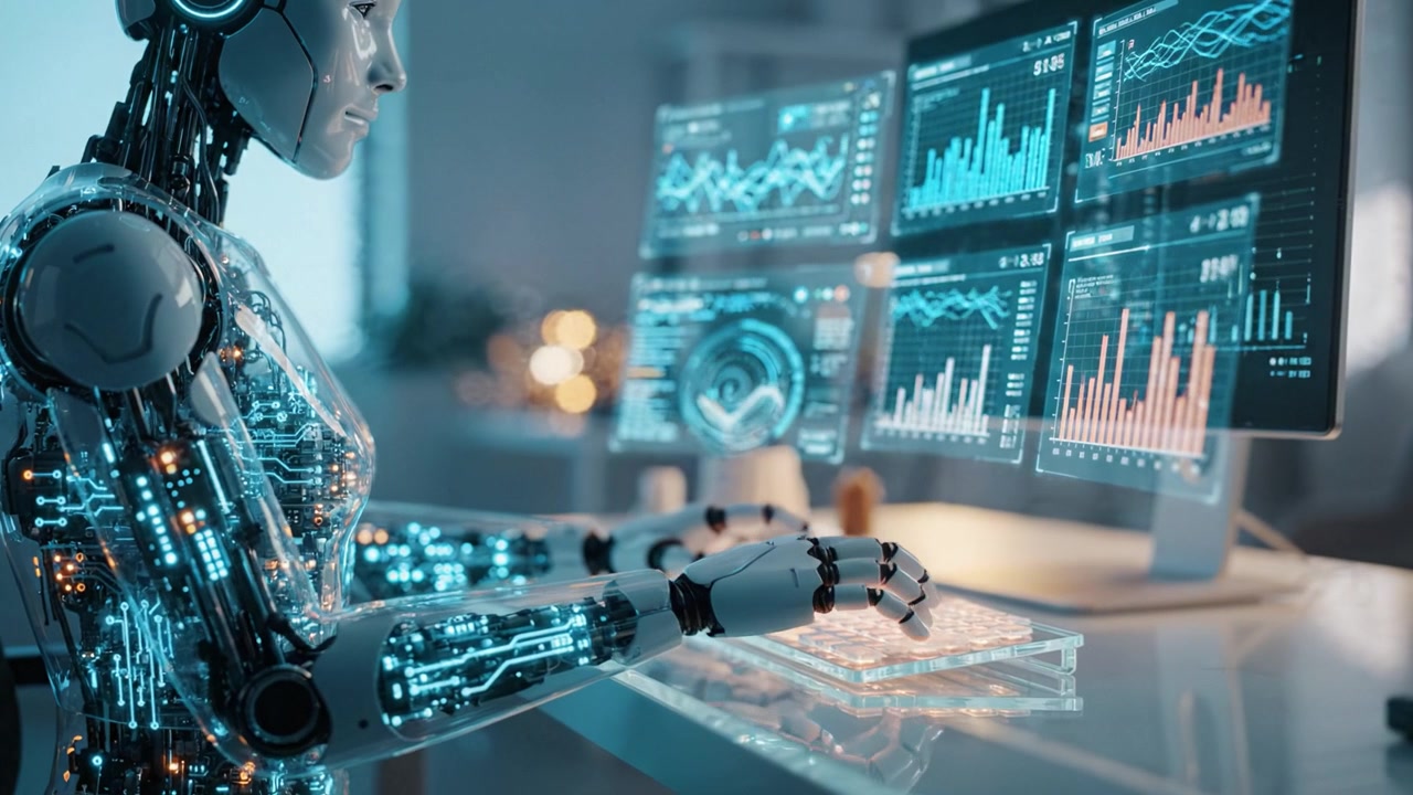 Futuristic robotic figure interacts with advanced technology, analyzing data on multiple screens in a modern workspace, showcasing innovation and digital interface.