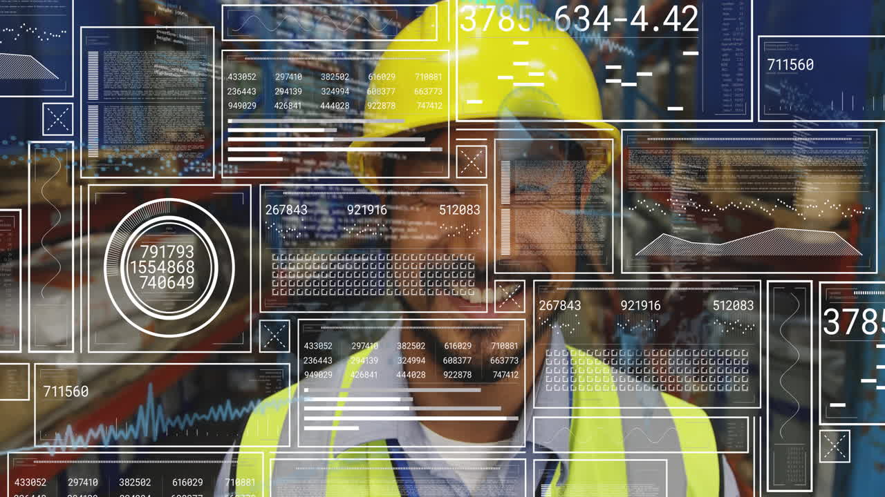 Construction worker with digital data animation overlay, smiling in industrial area
