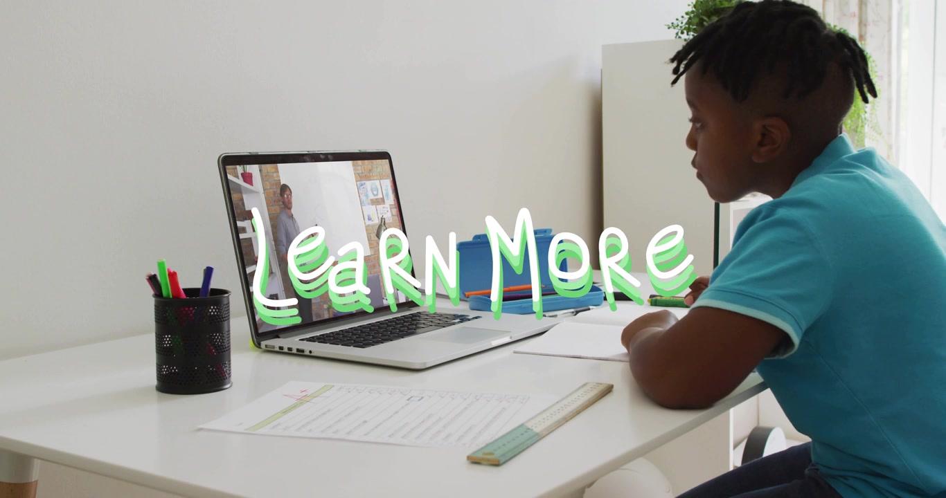 Child shifting from writing to watching laptop as animated Learn More pulses during remote learning
