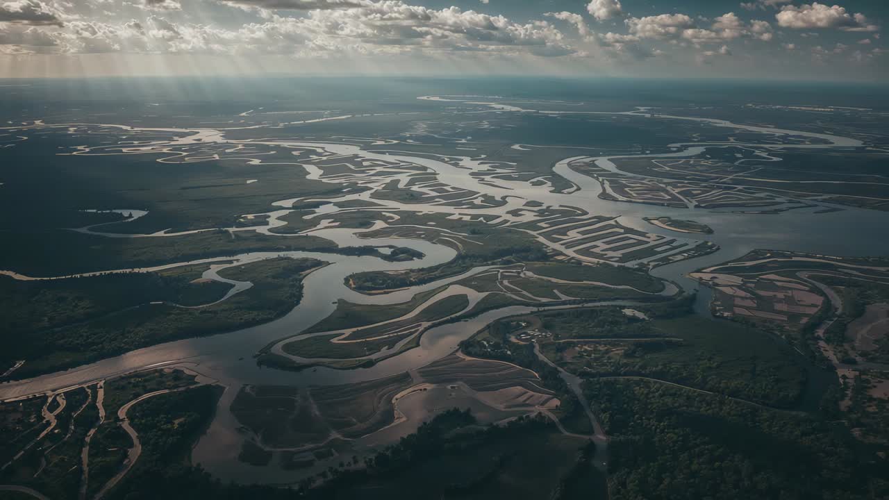 Faldende drone, der indfanger kystnært flodmunding, bevæger sig fremad og til højre og afslører vandløb og tidevandsflader