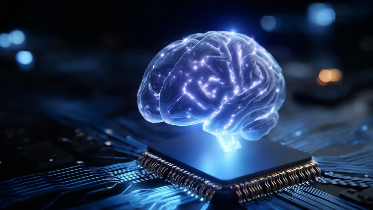 An Intricate Digital Brain Illuminated Above a Microchip, Representing the Fusion of Neuroscience and Technology, Symbolizing Artificial Intelligence's Impact on Modern Computing and Innovation