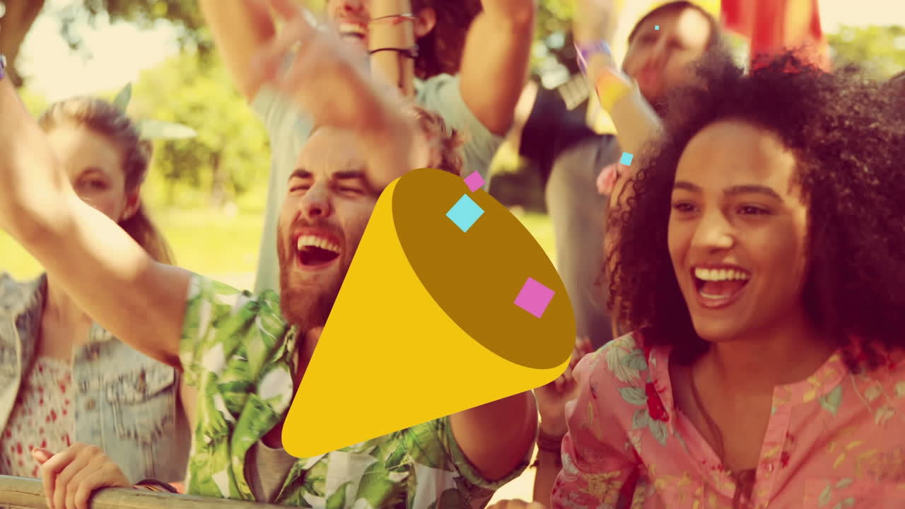 animación de cono con confeti cayendo sobre personas bailando y vitoreando durante un concierto de música