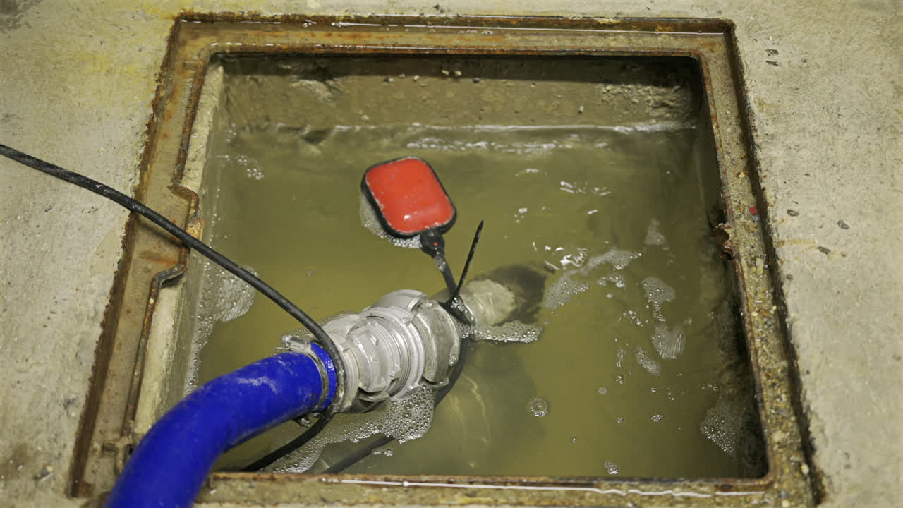 Close-up shot of a sump pump system operating inside a concrete utility pit partially filled with murky water