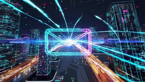 transmisión de correo electrónico en una ciudad futurista