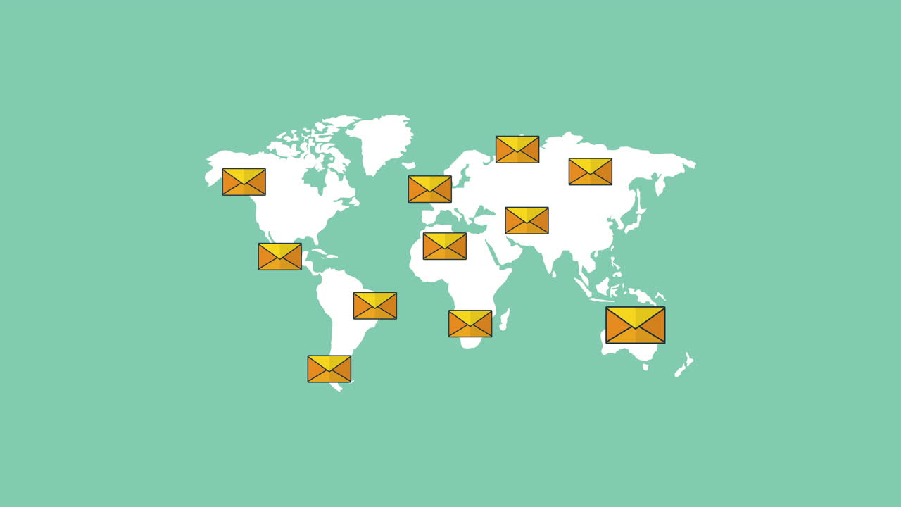 email marketing technology with world map and envelopes