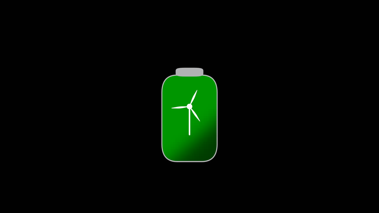 Icona animata di una batteria che viene caricata da una turbina eolica.