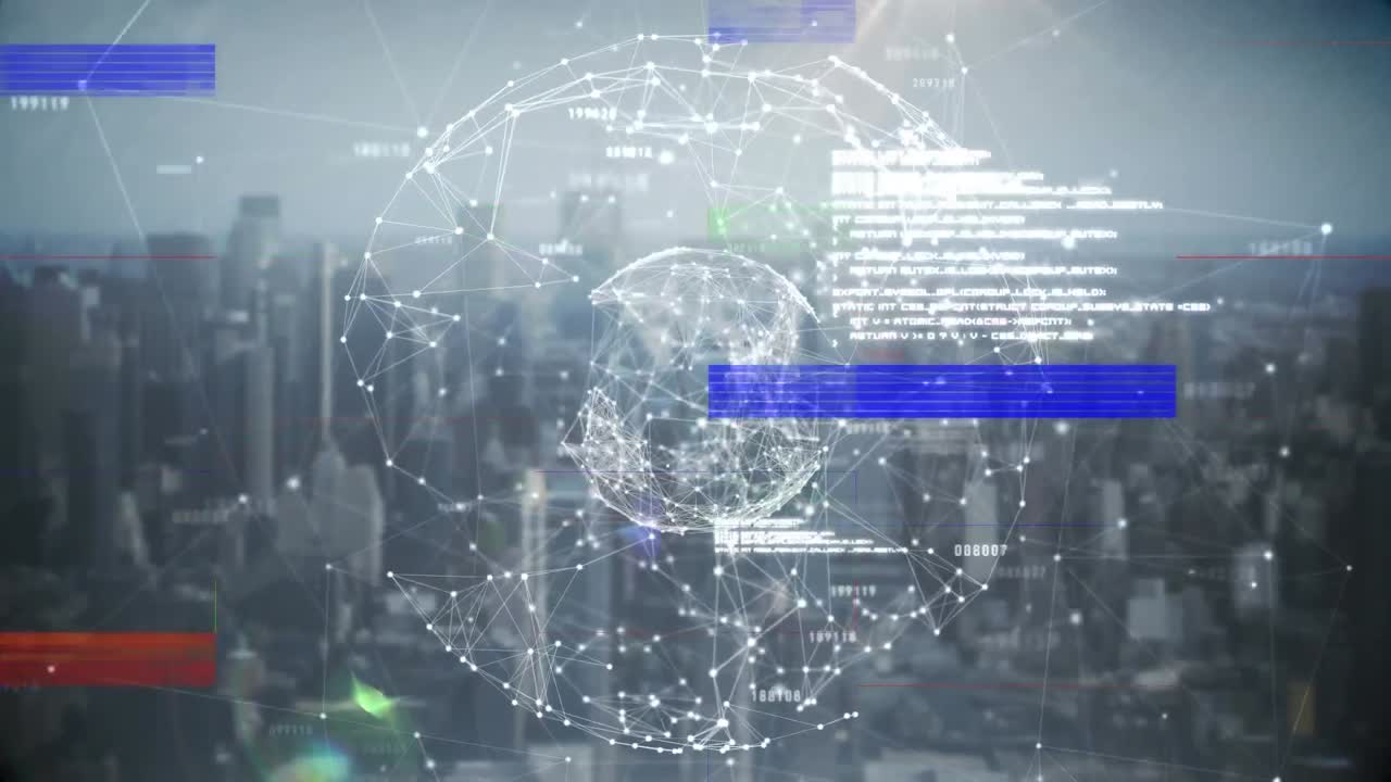 3d 회전하는 지구의 디지털로 생성된 애니메이션으로 전면에  ⁇ 거리고 있습니다.