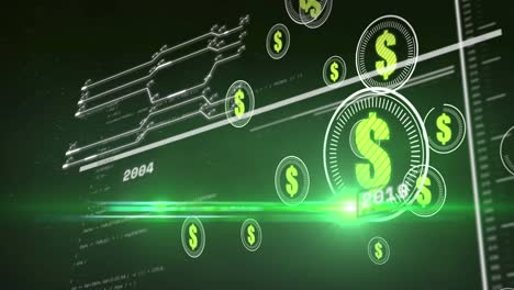 animation of dollars in circles over data processing on green background