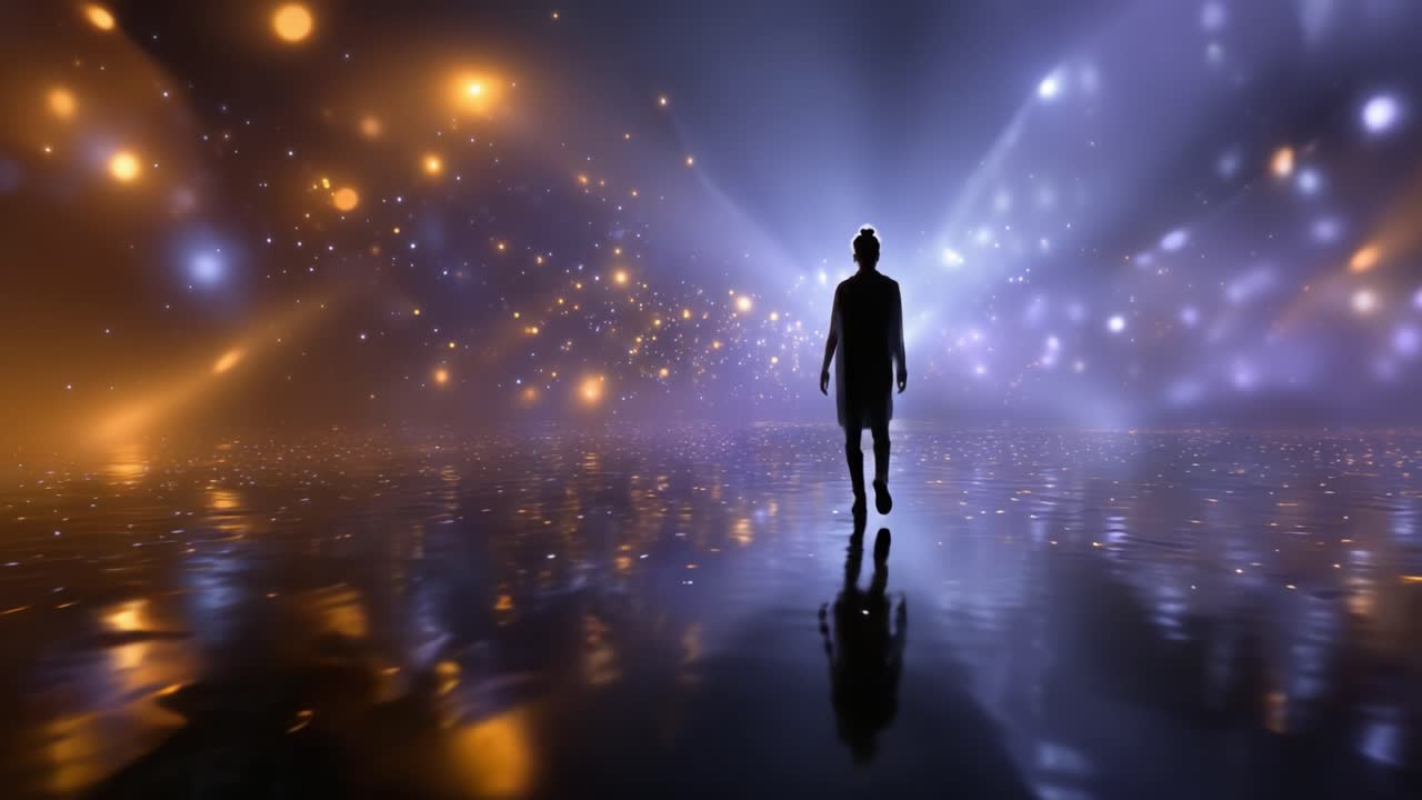 A solitary figure walks through a mesmerizing scene of shimmering lights and reflections, capturing the essence of beauty, solitude, and wonder in a surreal atmosphere
