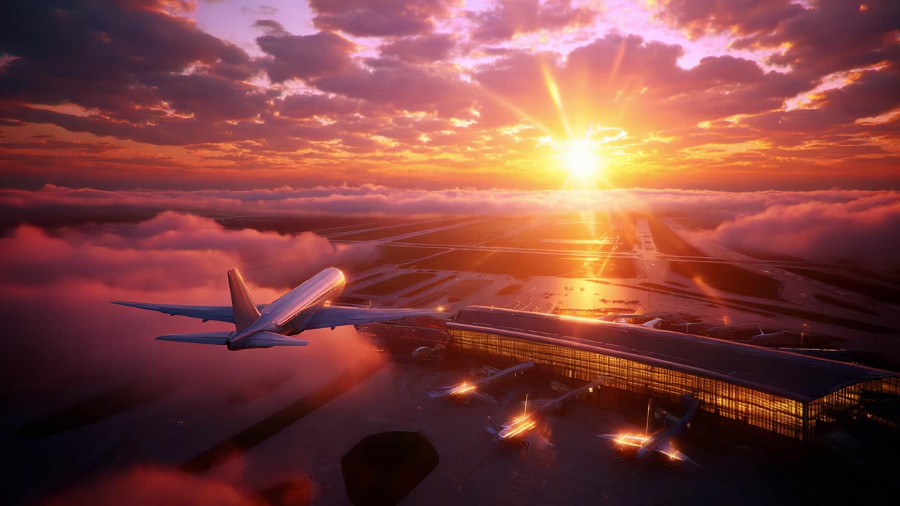 Aerial View of a Modern Airport at Sunrise, Capturing the Beauty of Skylines and Airplanes Surrounded by Colorful Clouds and Radiant Sunlight, Showcasing an Inspiring Travel Scene