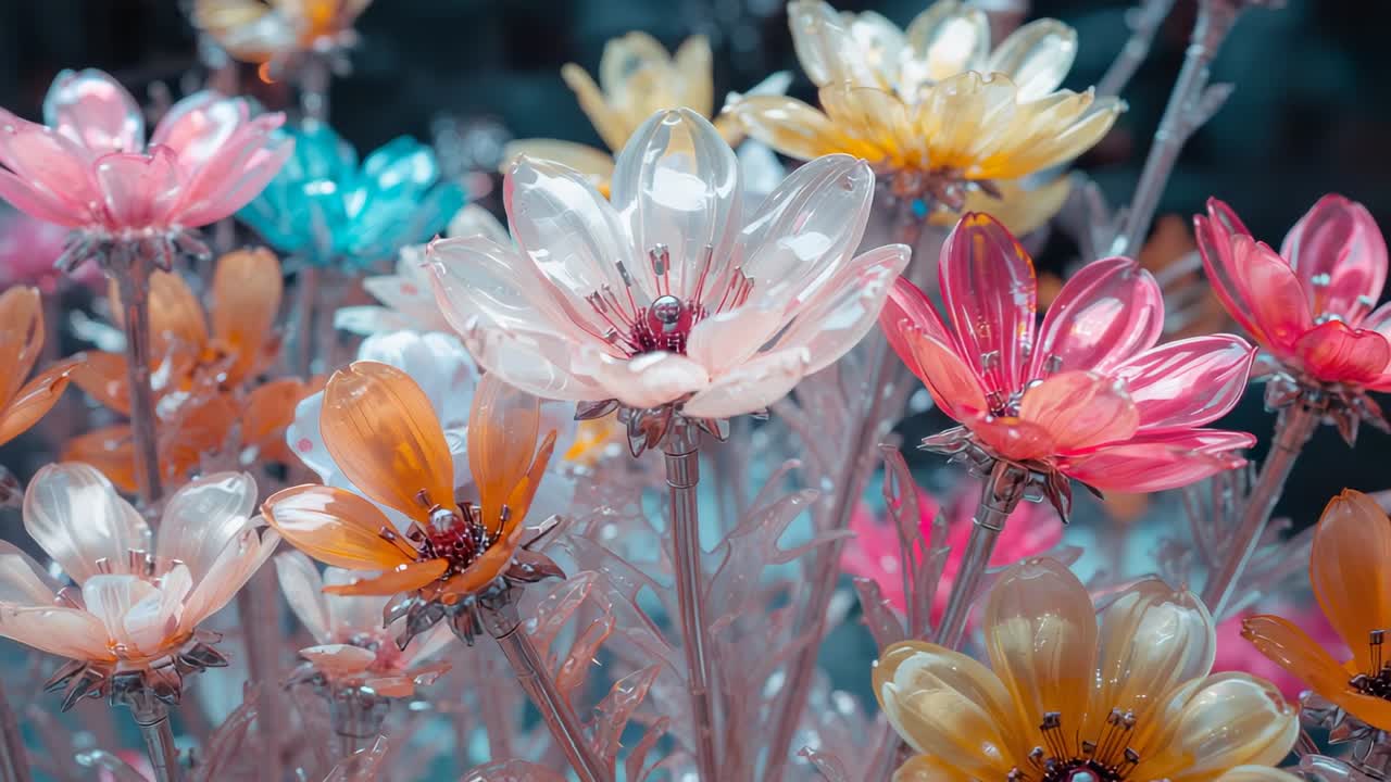 Spostamento dell'angolazione della camera per catturare un grappolo di fiori bianco pallido in studio, che mostra goccioline vitree