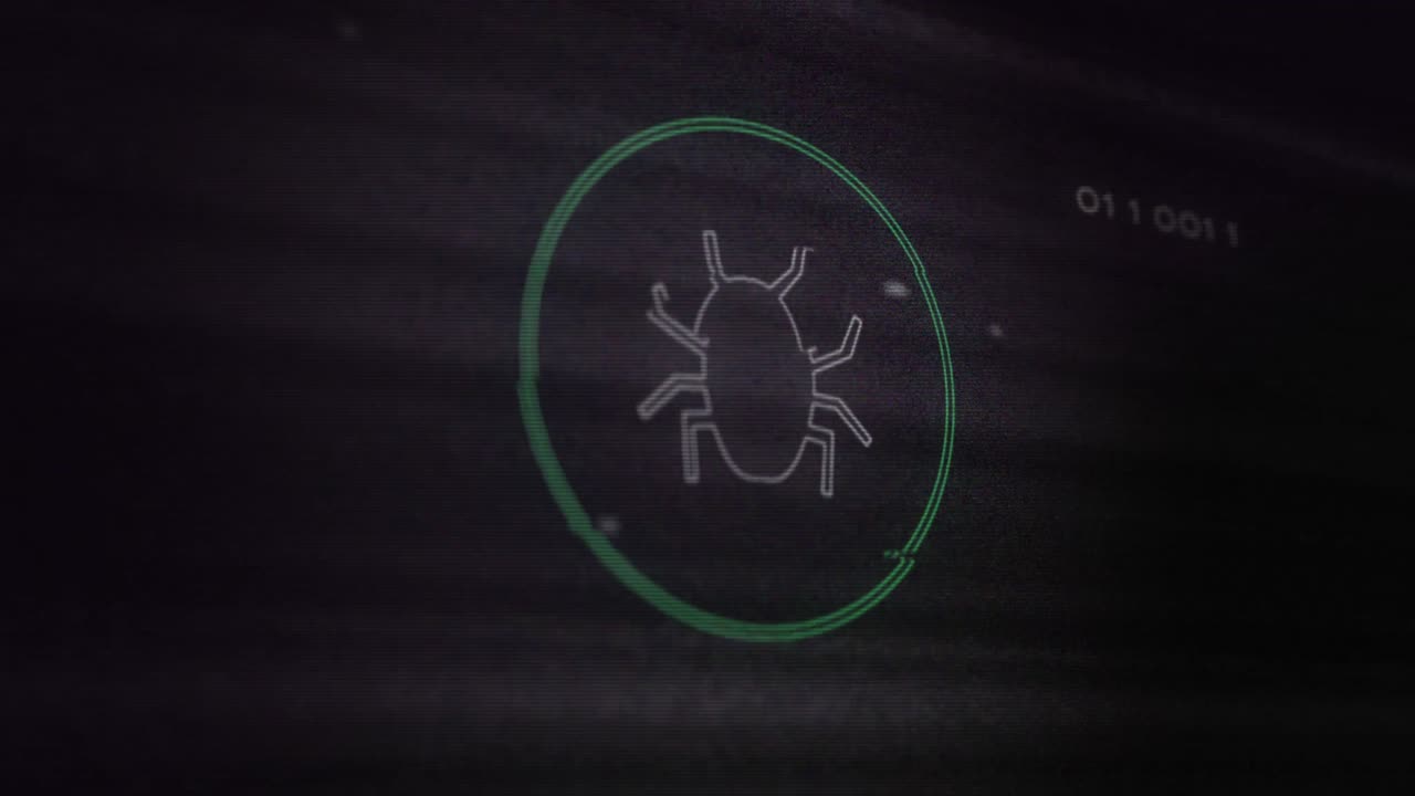 Animation of interference over bug icon , data processing and computer circuit board