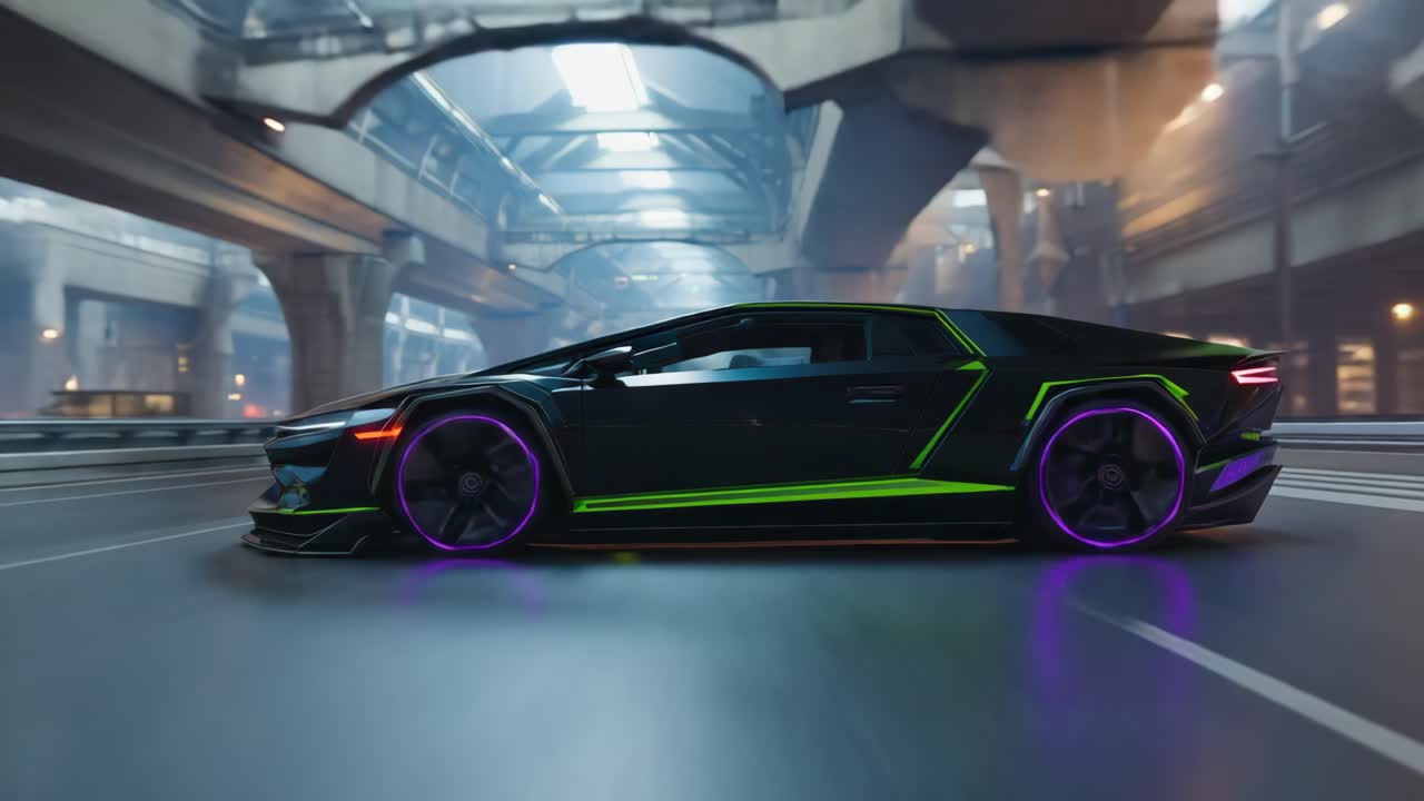 Futuristic Black Sports Car with Neon Accents on an Urban Highway