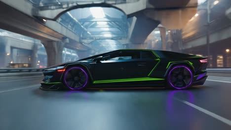 futuristic black sports car with neon accents on an urban highway