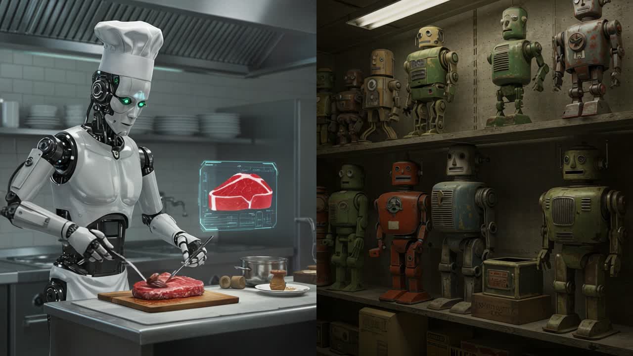 Futuristic Chef Robot Skillfully Prepares Gourmet Meat Dish in High-Tech Kitchen Surrounded by Vintage Robot Collectibles on Display Shelf