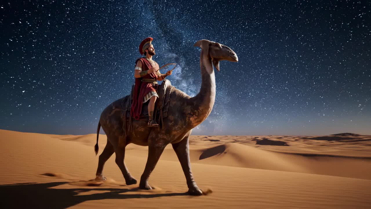 Man on a Camel in the Desert Under the Stars
