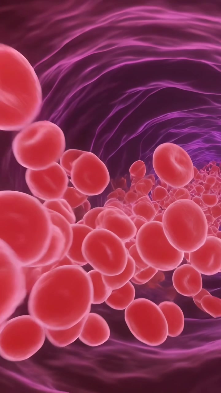 Vertical video: Advancing camera carrying RBC cluster through purple ridged lumen, showing depth