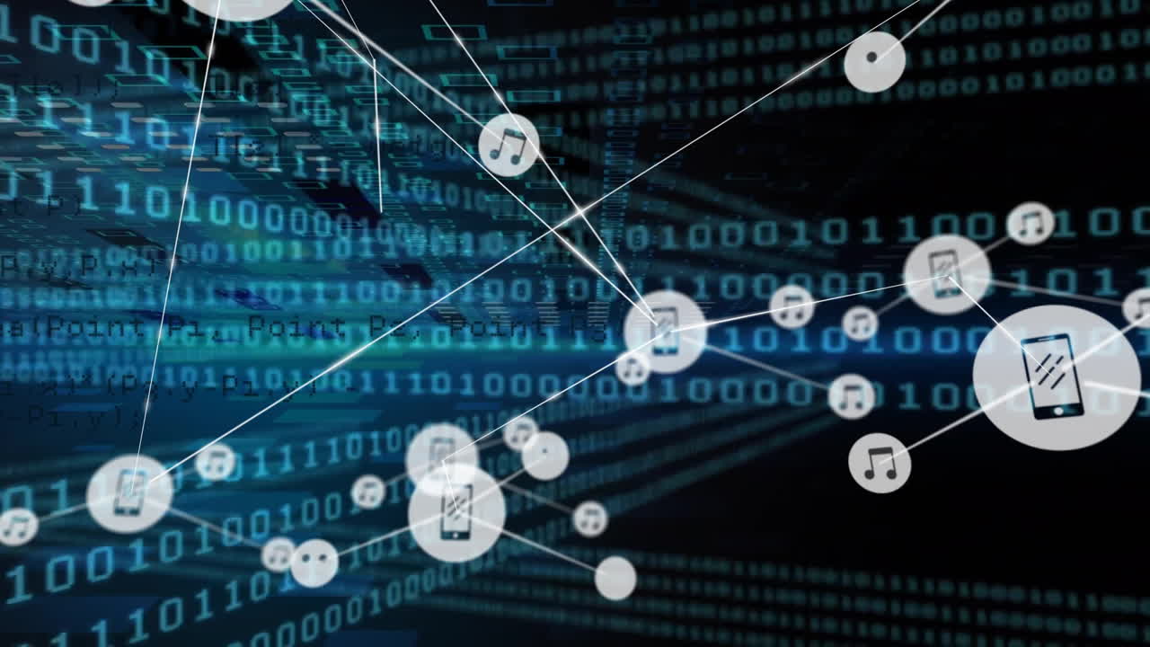 animación de la red de conexiones con iconos sobre el procesamiento de datos sobre fondo negro