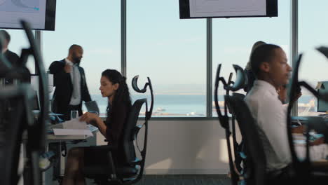 business woman using smartphone having phone call chatting to client on mobile phone looking out window female executive discussing sales in busy office