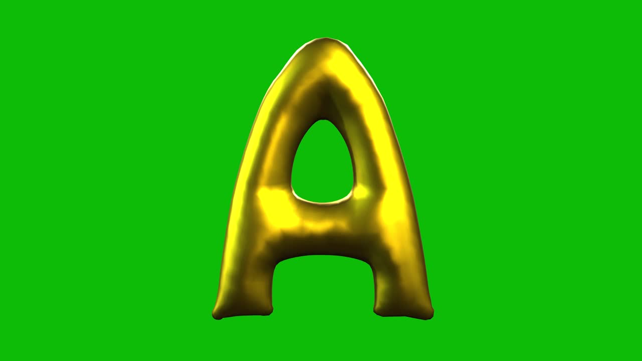 Gold Foil balloon letter A inflates, spins, and reveals on green screen in 3D animation. Ideal for celebrations, parties, birthdays, and video editing projects