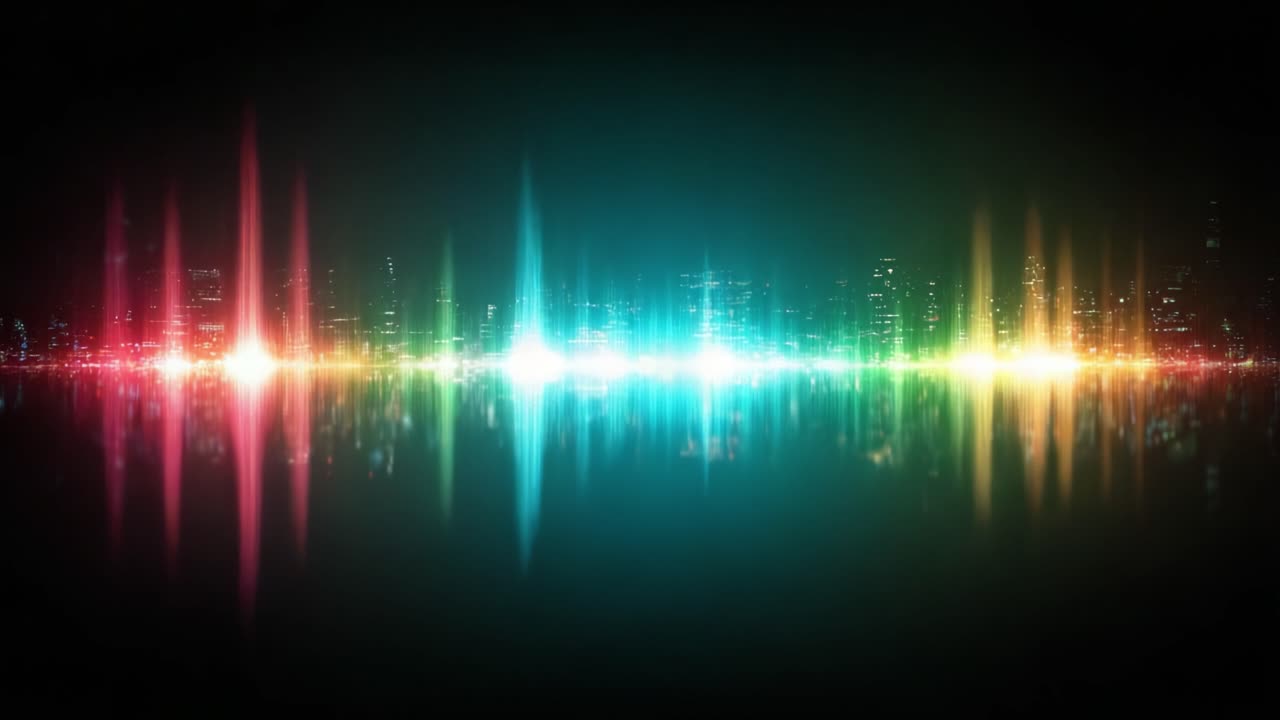 Vibrant Soundwave Reflection: A Dynamic Display of Colorful Frequencies and Glowing Lights on a Dark Surface Creating an Enchanting Visual Experience
