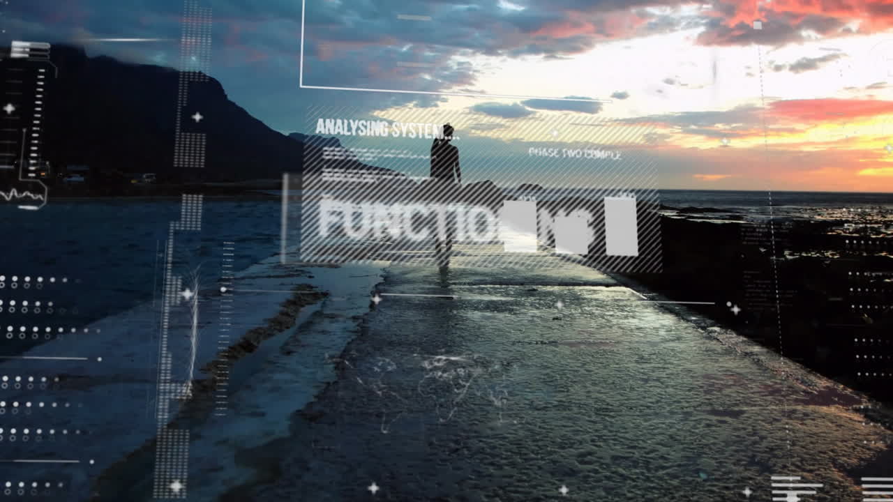 анимация обработки данных и диаграммы над кавказской женщиной, идущей по берегу моря