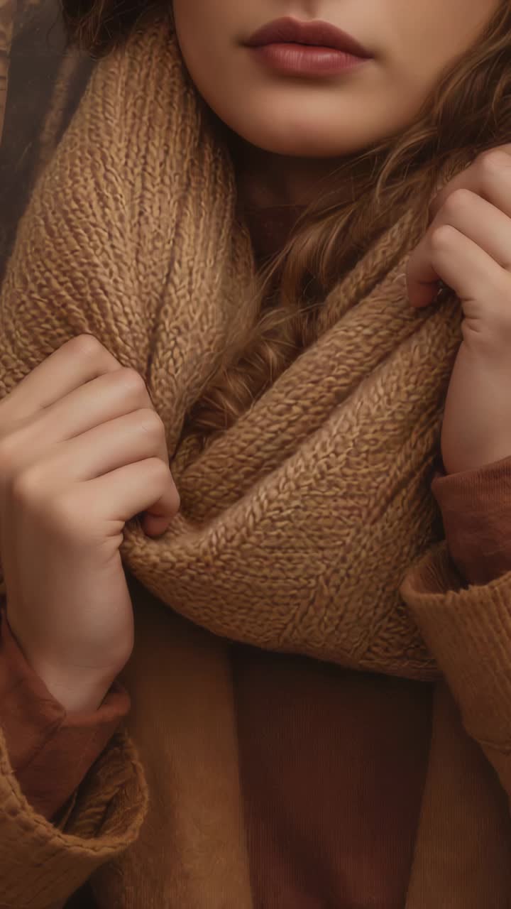 Vertical video: Tugging scarf causing woman lifting head, revealing face in home with braid sweater