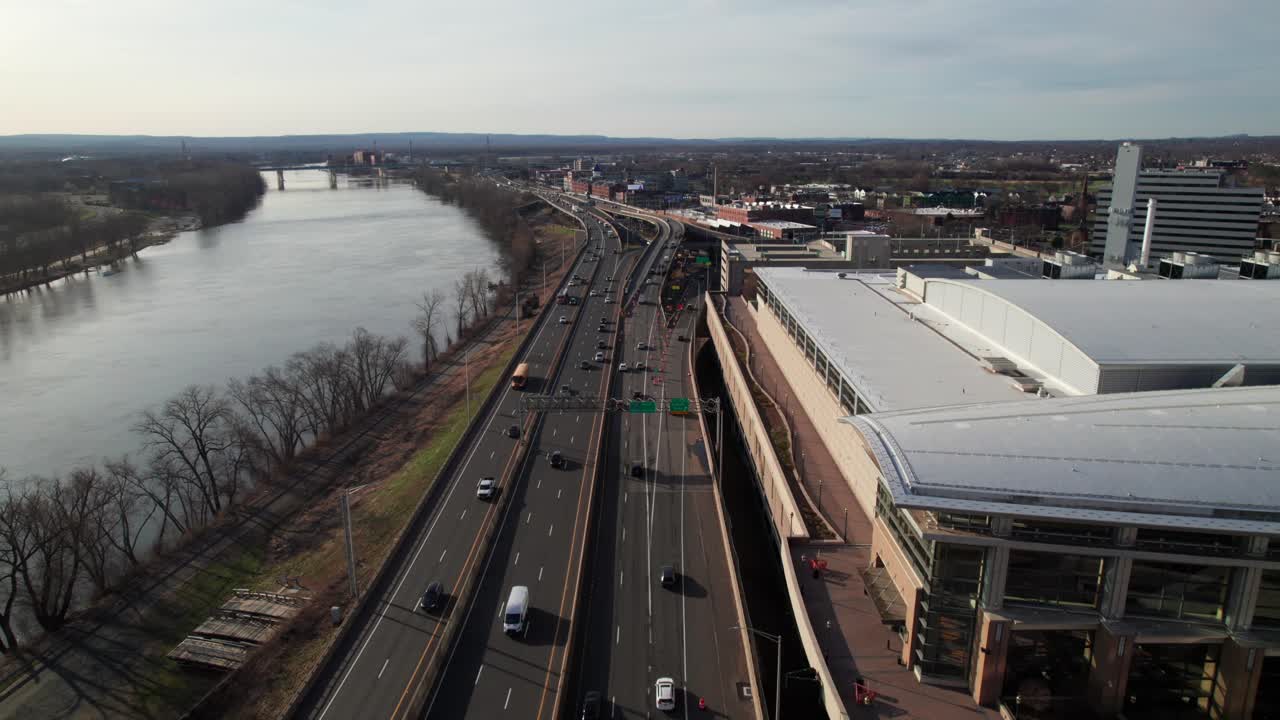 Overhead of interstate traffic in Hartford, CT, 4K. I-91 and Hartford Convention Center.
