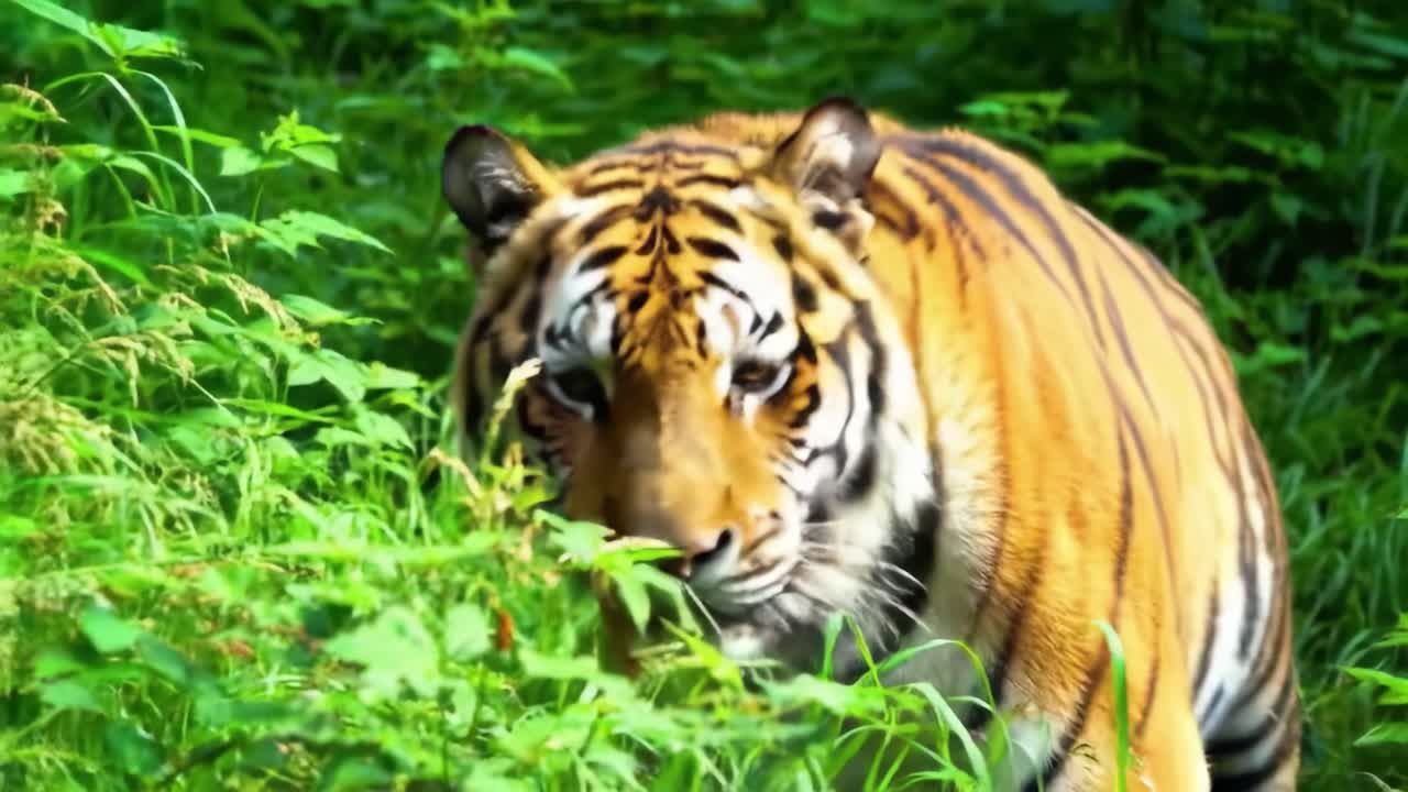 A Majestic Tiger Stealthily Navigates Through Lush Greenery, Showcasing Its Striking Stripes and Alert Expression in a Natural Habitat