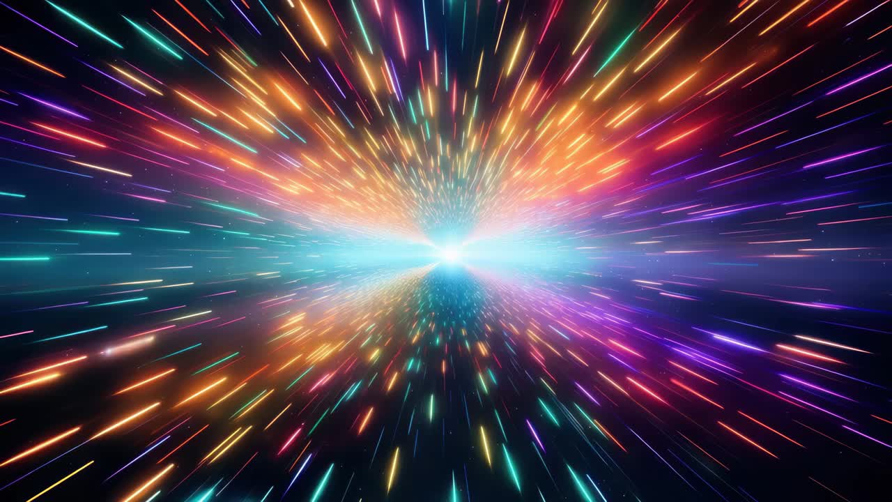 Dynamic video concept of colorful light streaks converging at a central point, creating a sense