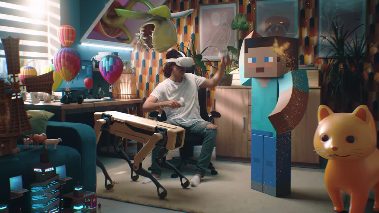 VR Gaming Experience in a Retro-Themed Room with Robot Dog