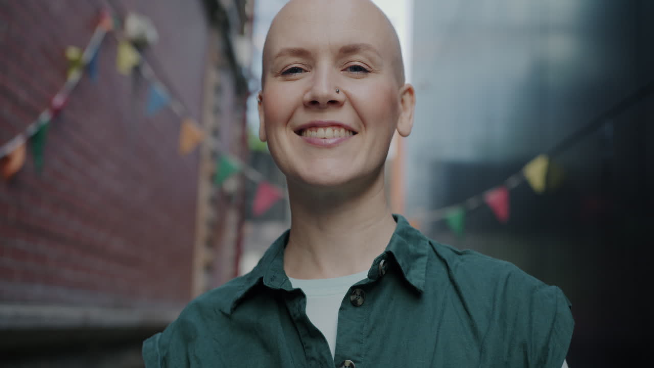 Smiling Woman in City Alley