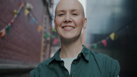 smiling woman in city alley