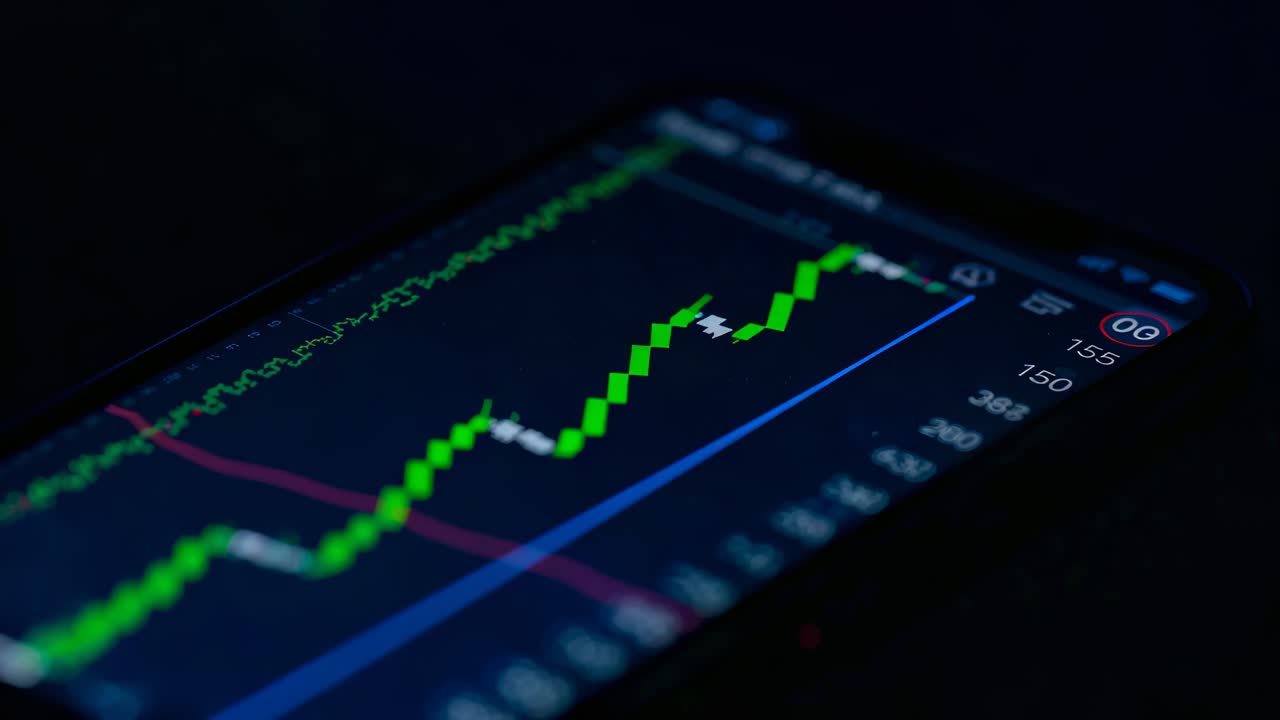 Visualizzazione di un grafico a candela su telefono che si aggiorna con tick live in condizioni di scarsa illuminazione, monitorando i guadagni