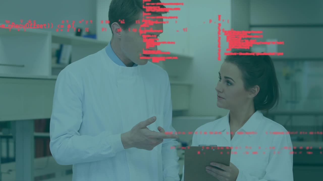 Animação de processamento de dados sobre cientistas caucasianos, homens e mulheres, discutindo em laboratório.