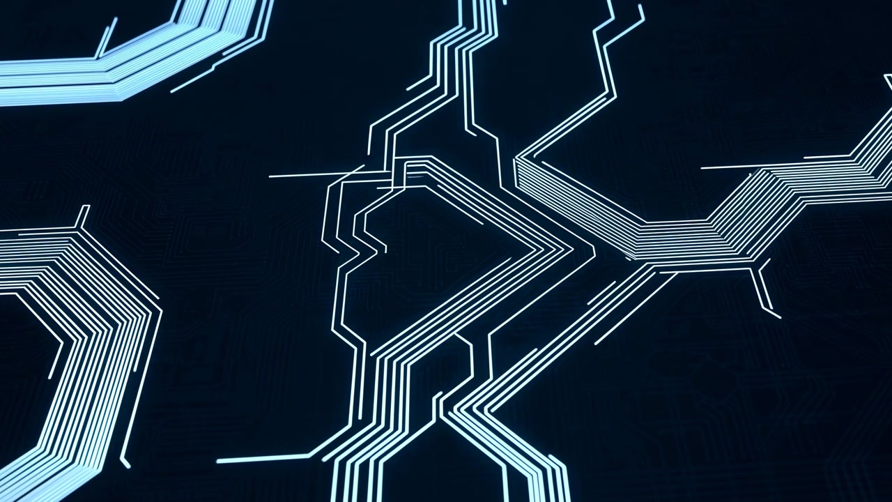 White Circuit Traces Across Dark Board Clean Pcb Aesthetic, Dynamic Signal Flow, Data Packet Routing, Analyzer