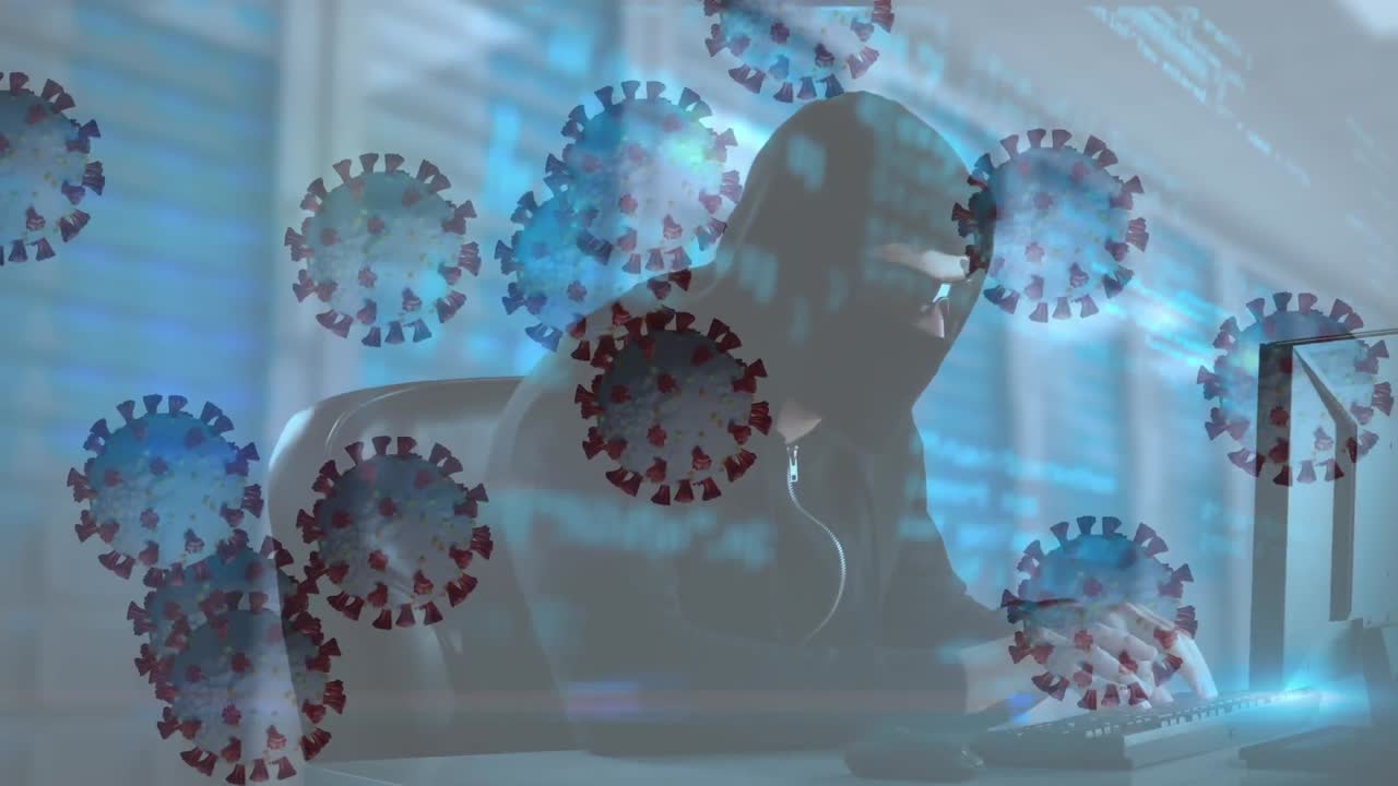 animación de procesamiento de datos y virus sobre hacker con computadora