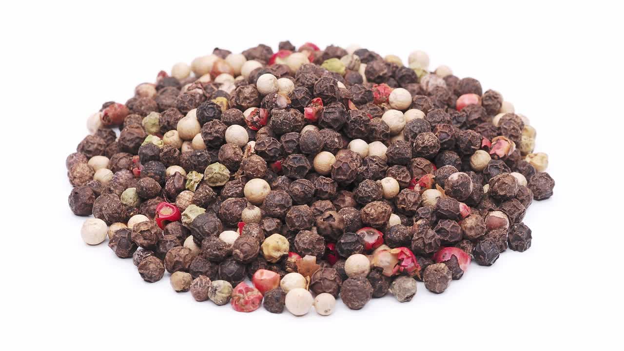 Peppercorns isolated on white, seamless loop rotation
