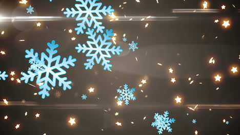 animation of snowflakes and illuminated stars with lens flares over black background