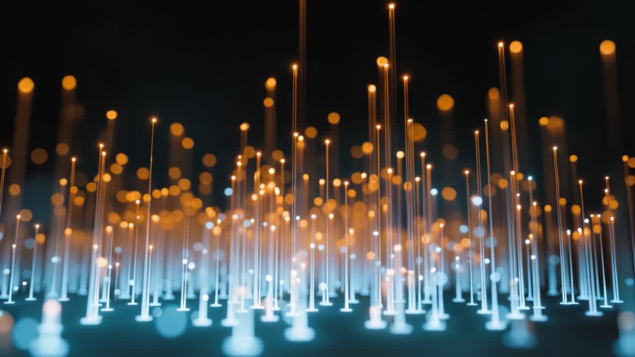 A captivating display of illuminated vertical bars rising from the ground, surrounded by a blurred background of colorful glowing orbs in a mesmerizing abstract composition