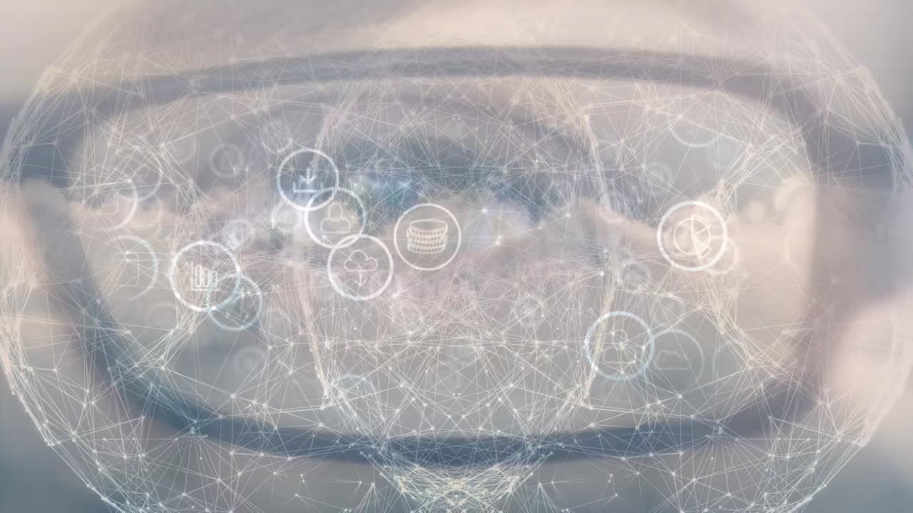 안경을 입은 백인 남자의 눈 위에 연결과 지구의 애니메이션