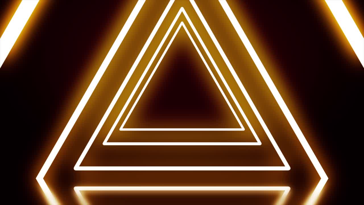 triángulos láser de color neón brillante que hacen zoom más allá de la cámara. increíble túnel