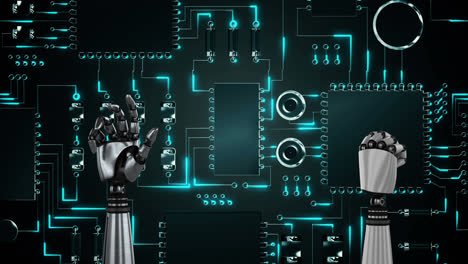 el robot le da la mano a la placa de circuitos de la computadora que brilla