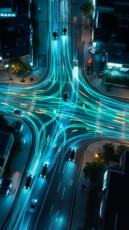 futuristic city intersection at night with dynamic light trails