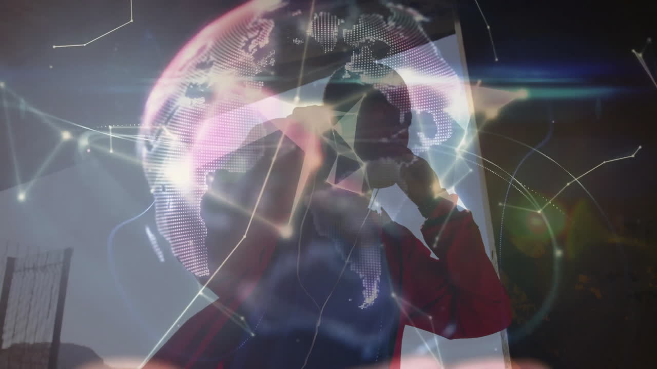 Man making business call outdoors, showcasing technology with holographic globe and network lines