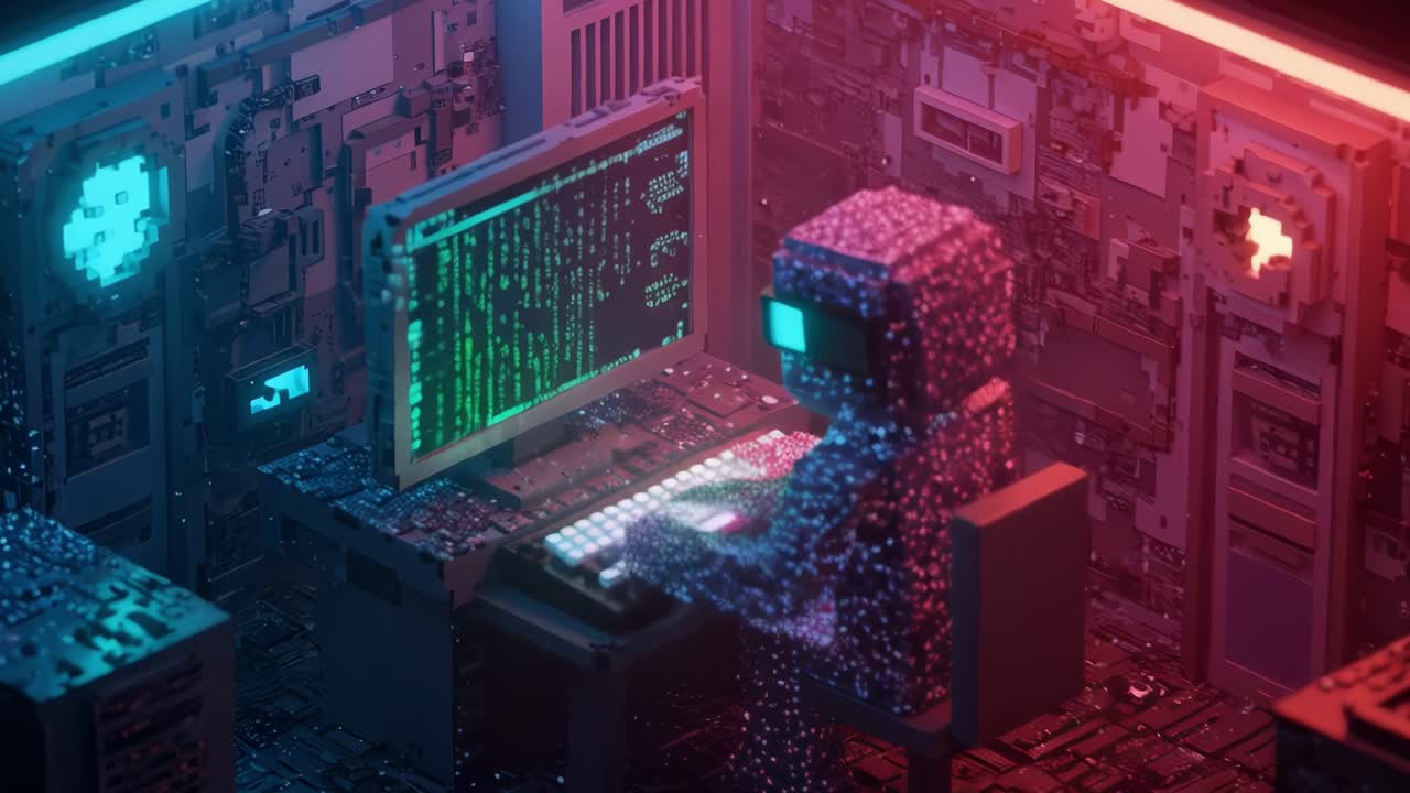 A digital hacker is immersed in a high-tech, futuristic environment, surrounded by glowing screens and swirling matrix codes during the nighttime hours