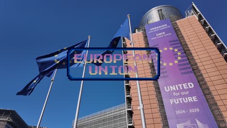 eu flags waving with pixelated "european union" text overlay