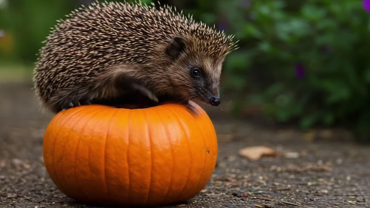 A Cute Hedgehog Perched on a Bright Orange Pumpkin, Surrounded by a Vibrant Garden Background, Showcasing Autumn's Nature and Wildlife Beauty
